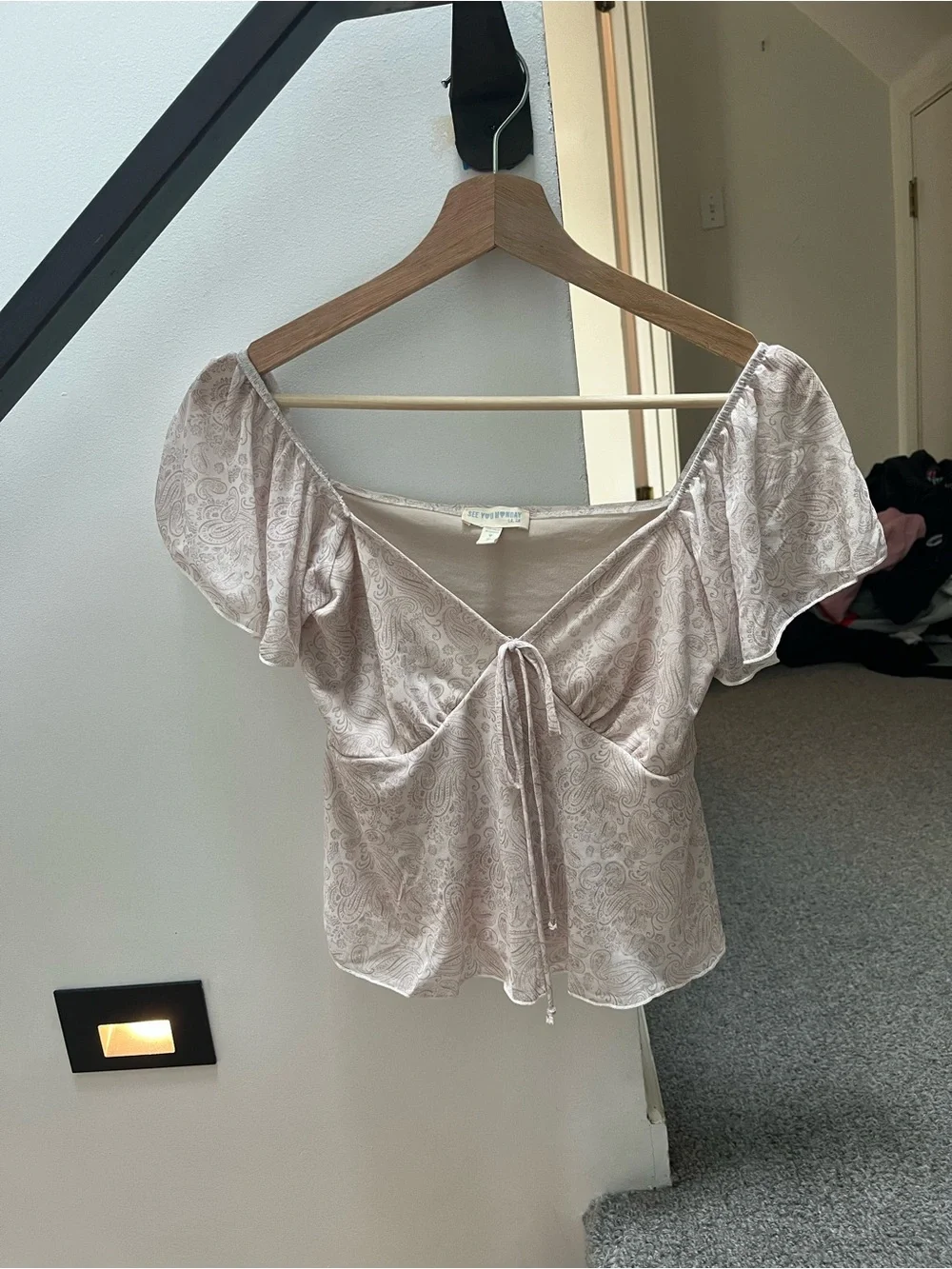 See You Monday Paisley Tie-Front Puff Sleeve Top in Light Taupe